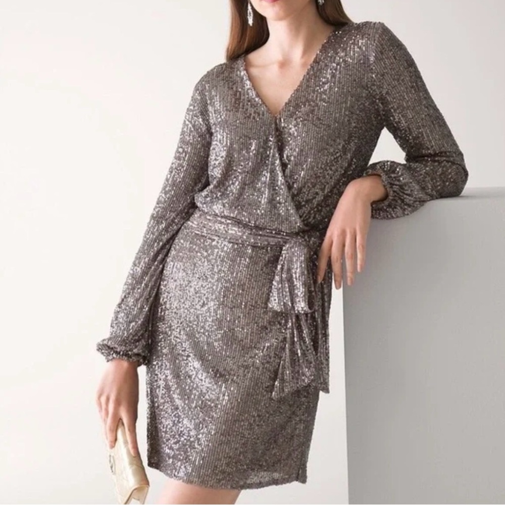 WHBM Elegant Silver Sequin Wrap Mini Dress